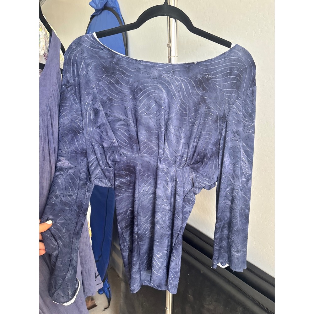Upcycled Blue Long Sleeve Top Studded Wave Pattern Cinched Waist XS Small Boho